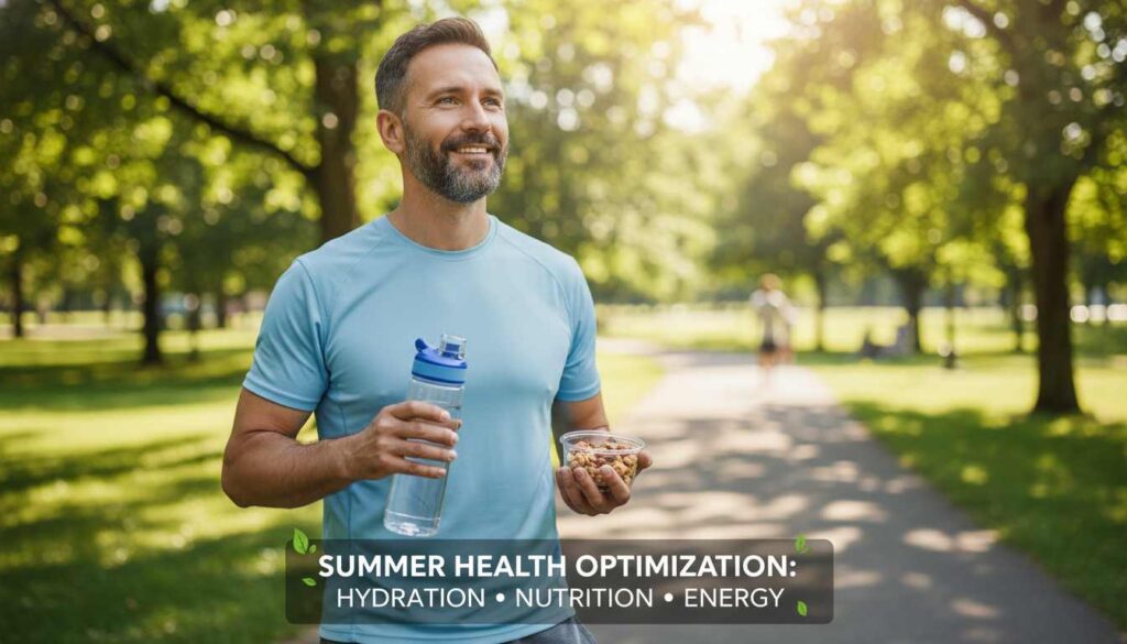 Man in his 40s enjoying summer wellness outdoors, staying hydrated and energized after 40