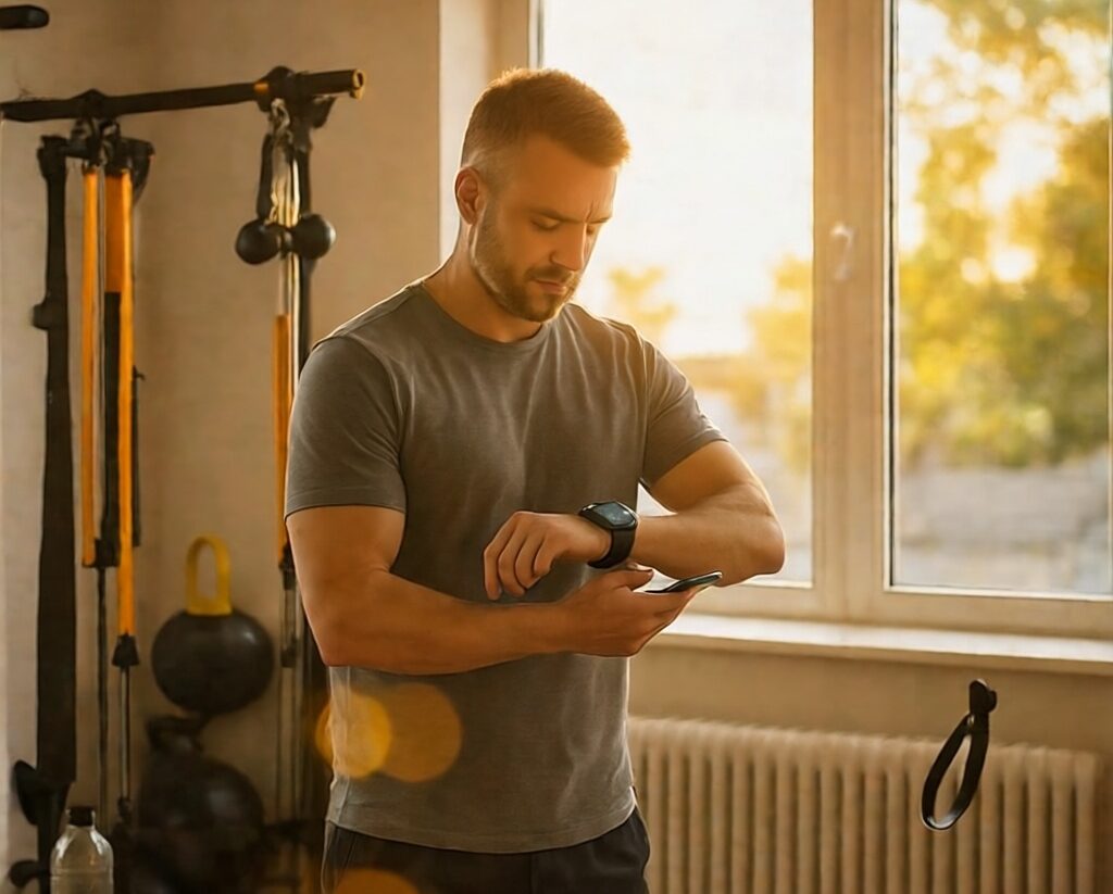 Man in his 40s checking fitness watch during early morning summer workout in home setting with natural lighting