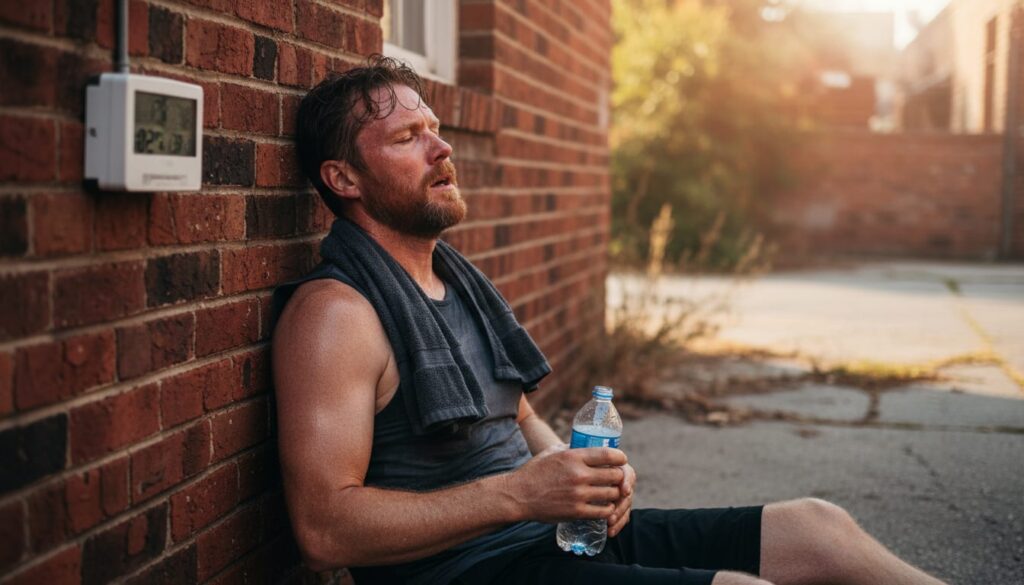 Man in his 40s looking tired and overheated after summer workout, illustrating the challenges of exercising in hot weather