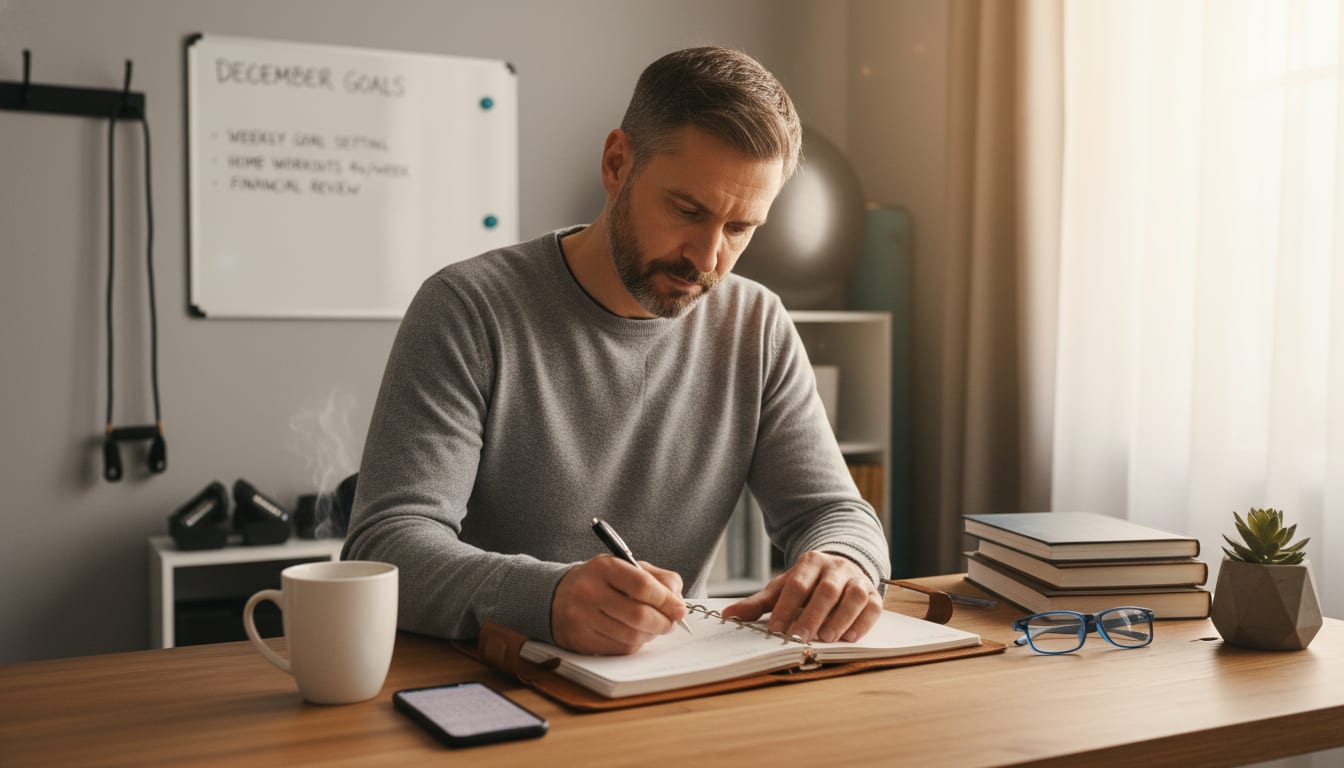 Man in his 40s planning his week at desk with planner, coffee, and workout equipment visible in background