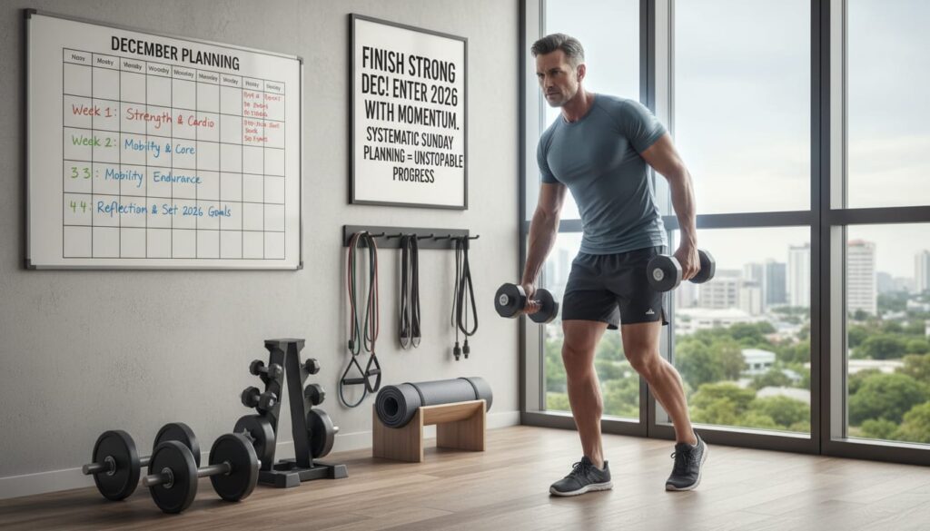 Confident man in his 40s standing in organized home workout space ready for action with equipment and planner visible