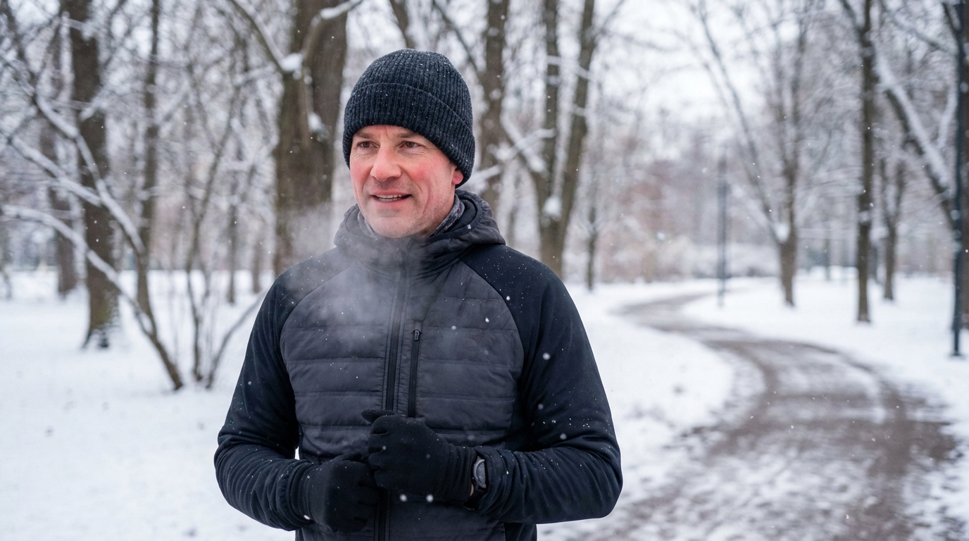 Man in his 40s embracing winter cold outdoors for health benefits, looking energized and motivated.