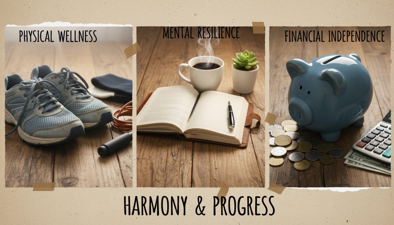 Collage of running shoes, a journal with a coffee mug, and a piggy bank with coins on a wooden table, representing physical wellness, mental resilience, and financial independence.
