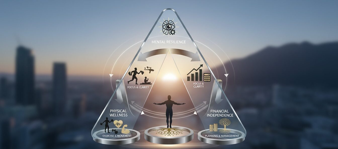 Three pillars of personal optimization showing physical wellness, mental resilience, and financial independence for men over 40