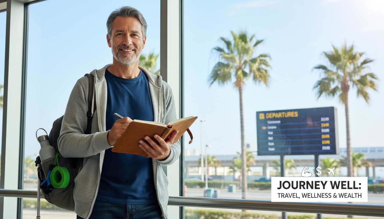 Confident man over 40 at airport with wellness gear and travel journal, representing goal-supportive vacation planning