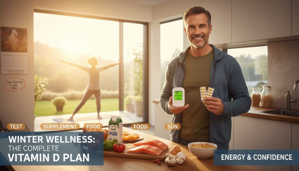 Man in his 40s holding vitamin D supplement by sunny window in winter, representing winter wellness and vitamin D supplementation for men over 40