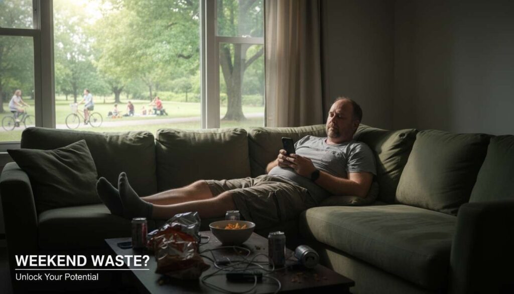 Man in his 40s sitting on a couch, distracted and bored on a weekend, missing opportunities for personal growth.