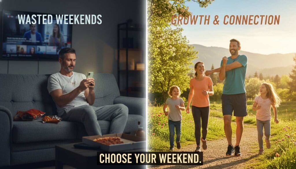 Split scene showing a man in his 40s wasting weekends indoors on the left, and actively enjoying growth outdoors on the right.