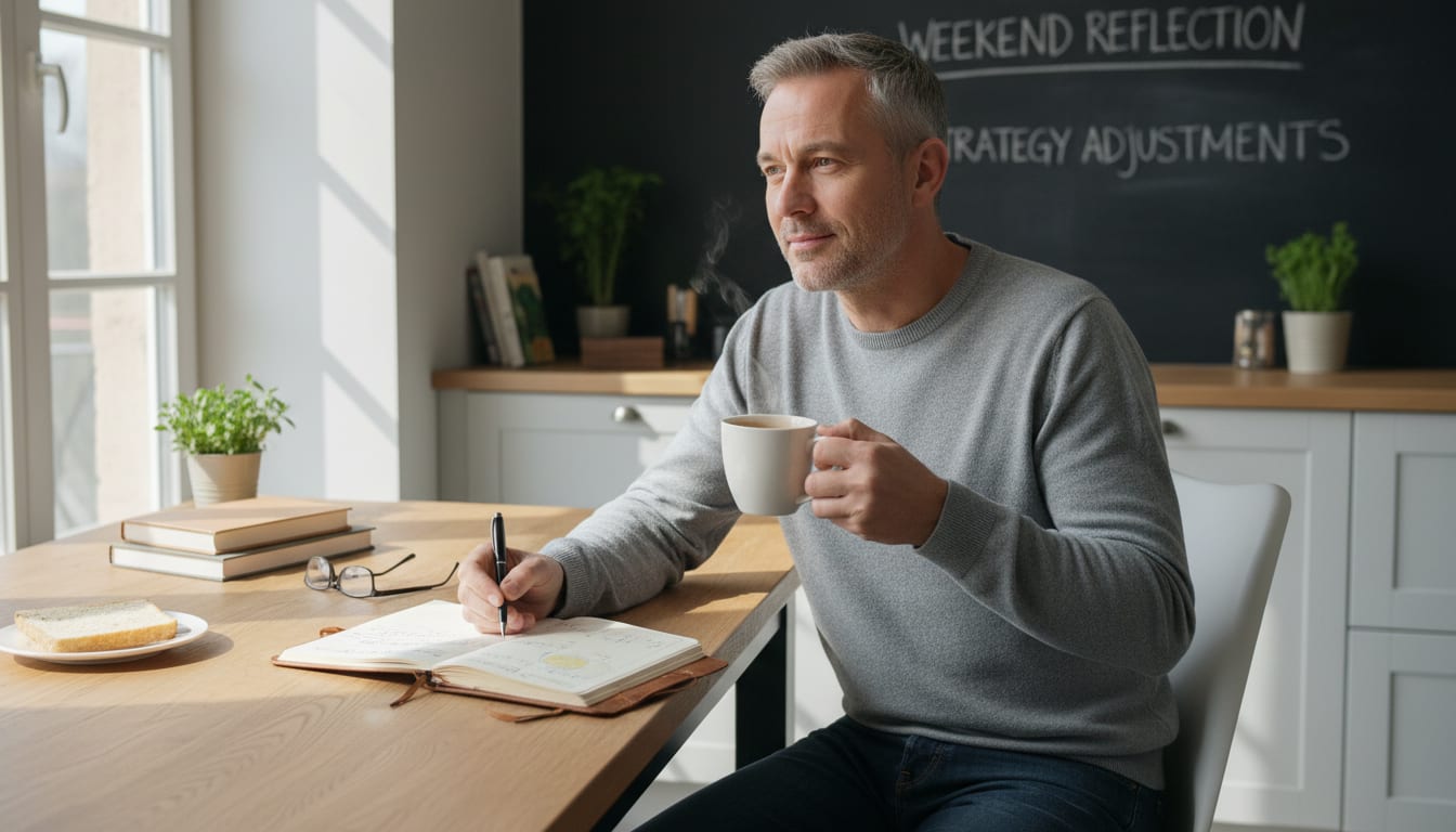 Man in his 40s doing weekend reflection with coffee and journal for honest self-assessment