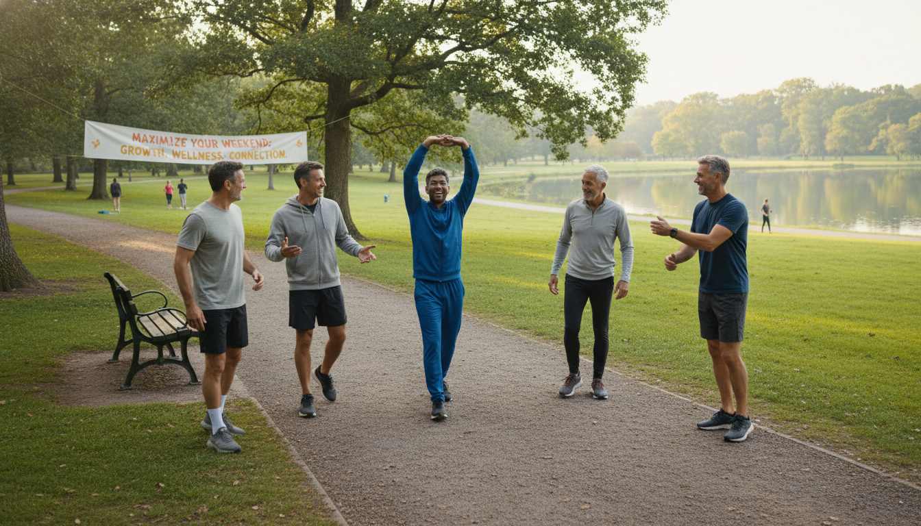 Diverse men in their 40s and 50s enjoying an active weekend outdoors, maximizing free time for personal growth and wellness.