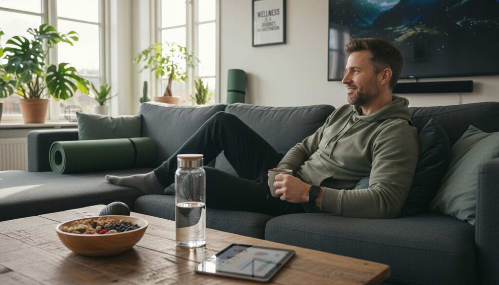 Man in his 40s at home with fitness tracker, water bottle, yoga mat, and healthy snacks, 2026 wellness trends