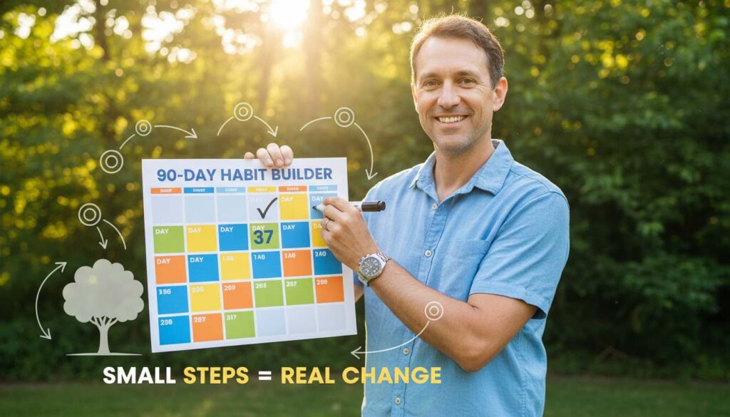 Man over 40 checking off days on a 90-day calendar, summer background, habit building, motivation