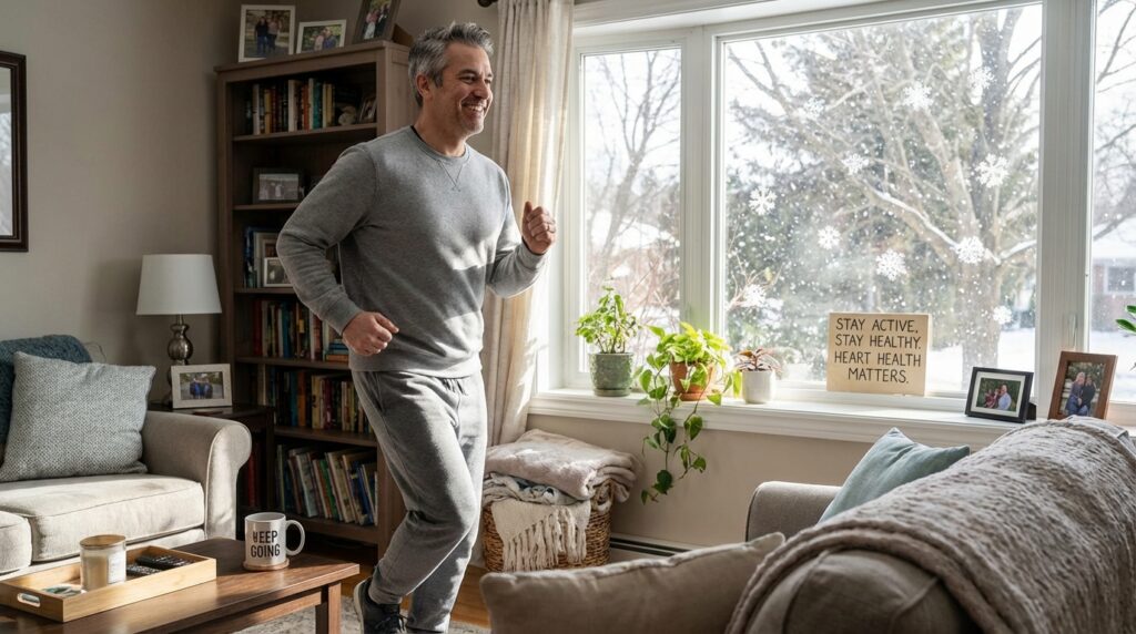Man in his 40s doing light cardio exercise indoors with snow falling outside the window.