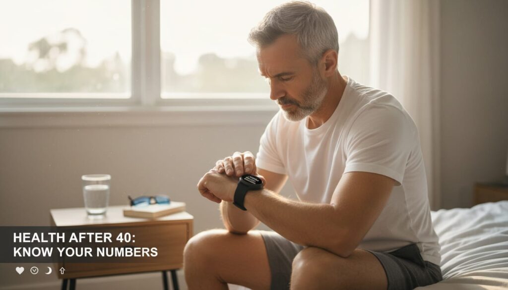 Man over 40 checking resting heart rate on fitness tracker in morning - importance of health monitoring after 40