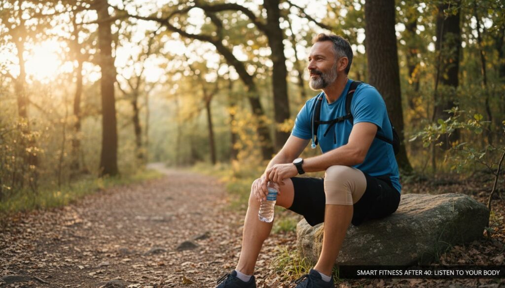 Man over 40 taking a thoughtful break after exercise, demonstrating smart recovery and body awareness for injury prevention