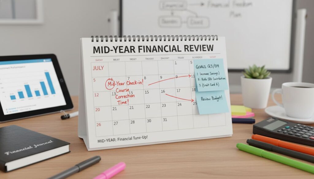 Financial planning calendar showing mid-year review importance with notes and goals