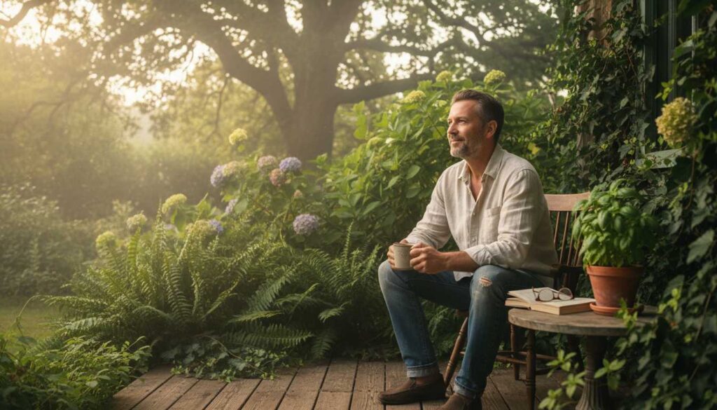 Man in his 40s enjoying coffee on a porch in the early summer morning, reflecting on seasonal energy