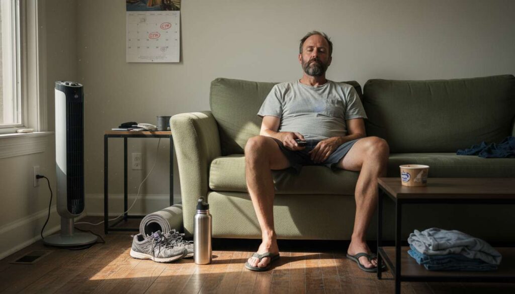 Man in his 40s sitting on a couch, looking tired and unmotivated, with workout gear nearby during hot summer weather