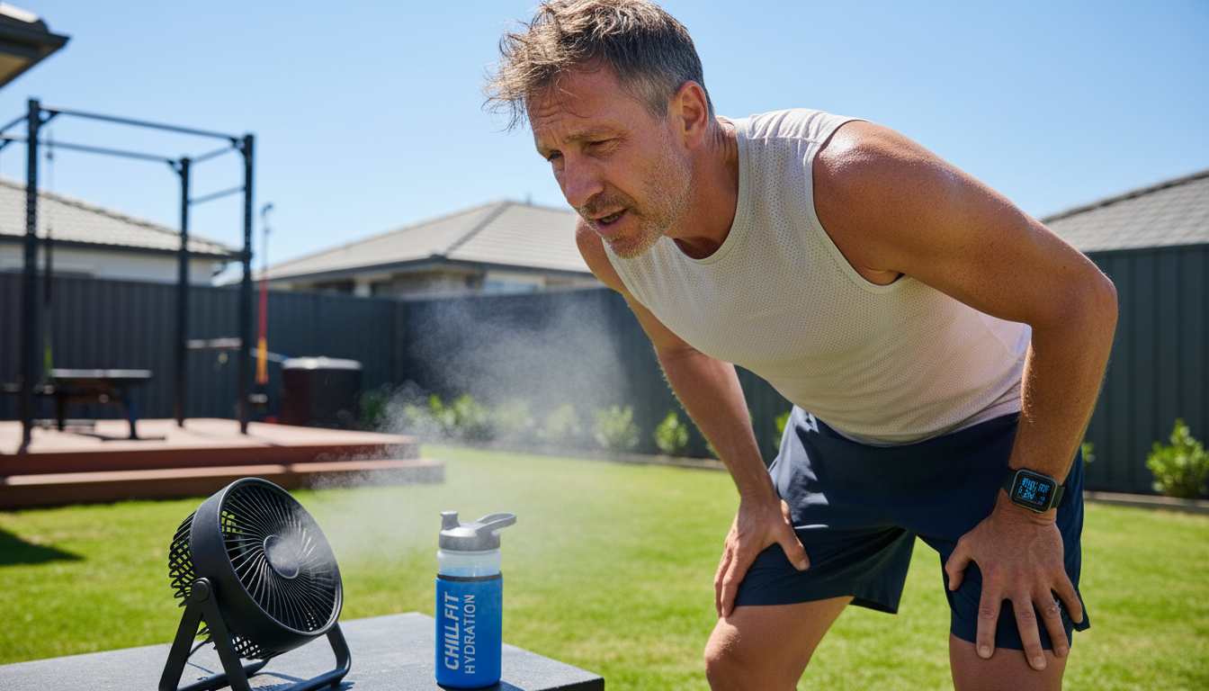 Man in his 40s showing signs of heat exhaustion during summer workout, illustrating the importance of cooling fitness technology