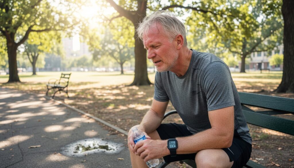 Man over 40 feeling overheated and fatigued during summer workout showing effects of heat on aging body