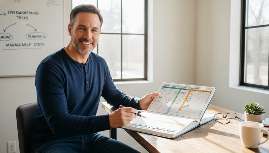 Man in his 40s reviewing weekly planning board showing physical wellness, mental resilience, and financial independence goals