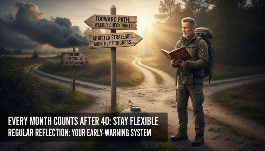 Man in his 50s at crossroads making course corrections through weekly reflection and self-awareness