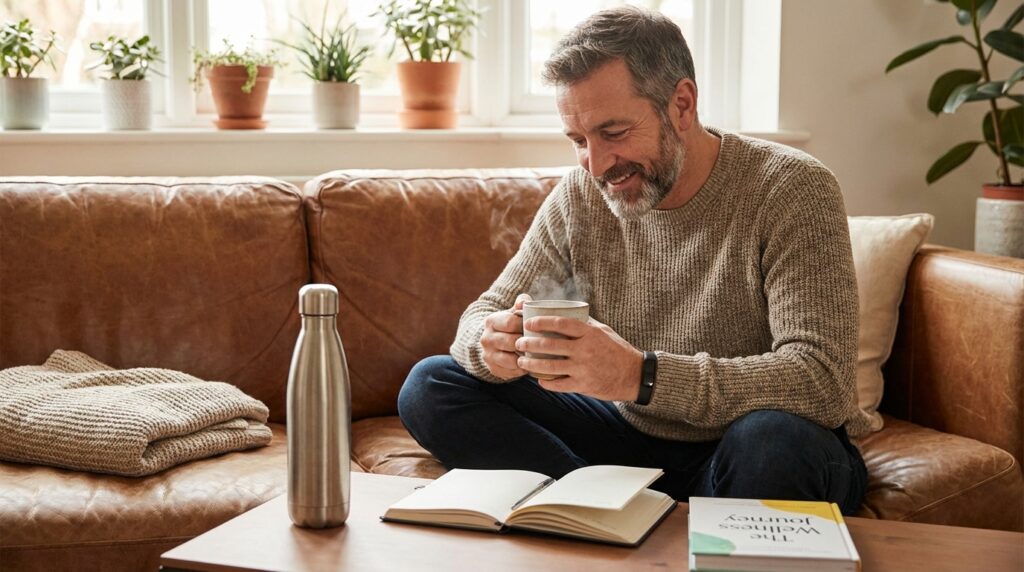 Man in his 40s reflecting on wellness, sitting on a couch with a journal, water bottle, and fitness tracker nearby
