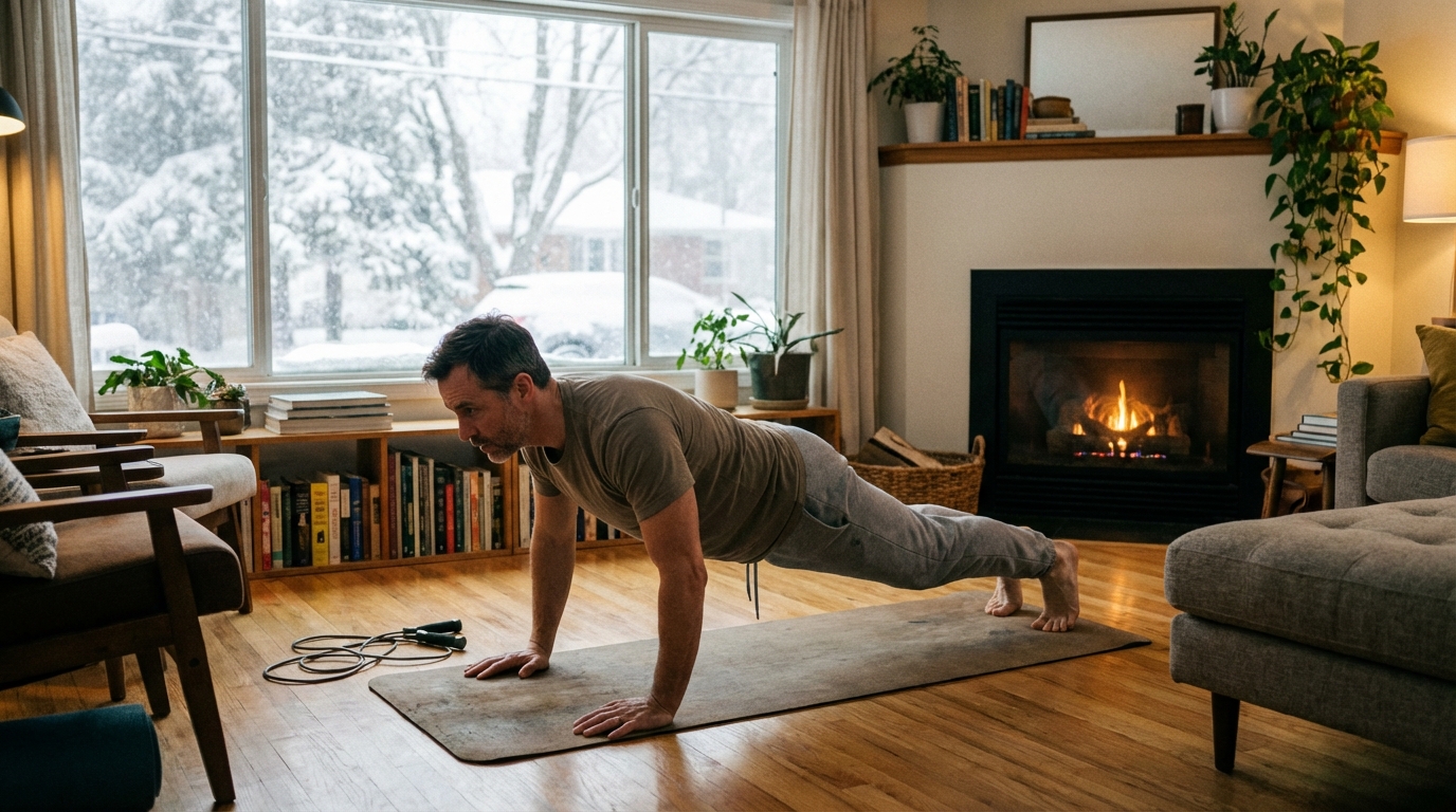 Man in his 40s doing indoor cardio exercise in a cozy living room during winter, with snow outside the window.