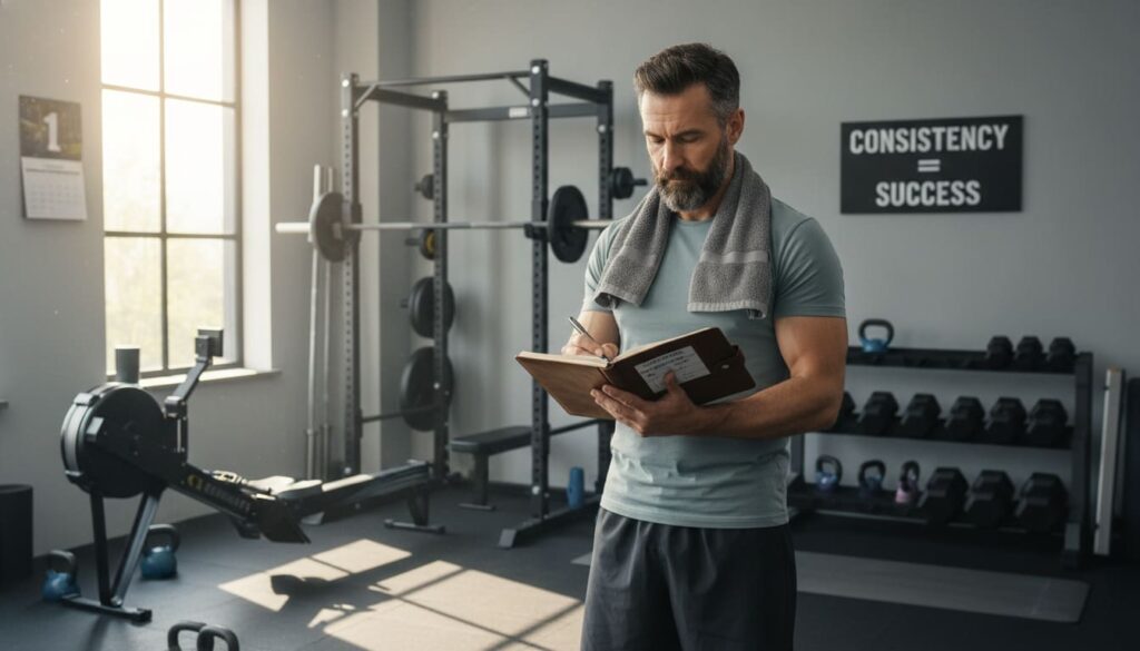 Confident man in his 40s holding fitness journal ready to commit to his winter fitness strategy at home