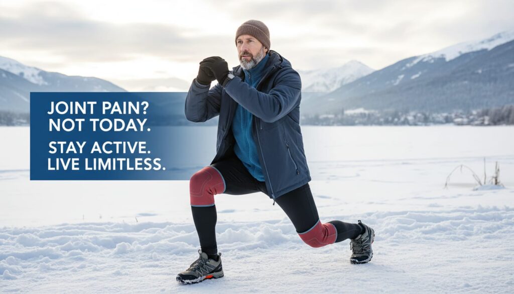 Man in his 40s successfully exercising outdoors in winter with proper joint care strategies