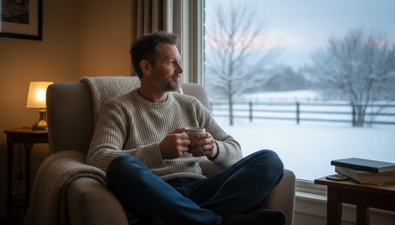 Man in his 40s sitting by a window on a winter morning, looking thoughtful but hopeful