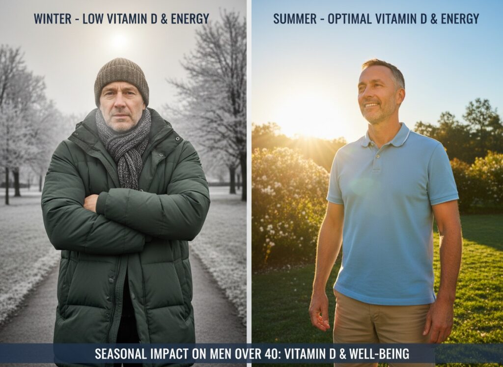 Comparison of man over 40 in winter bundled up versus summer with sun exposure, illustrating seasonal vitamin D deficiency challenges