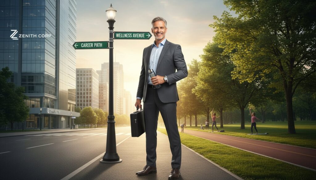 Confident professional man in his 40s standing outdoors at sunset representing successful work wellness balance and sustainable lifestyle