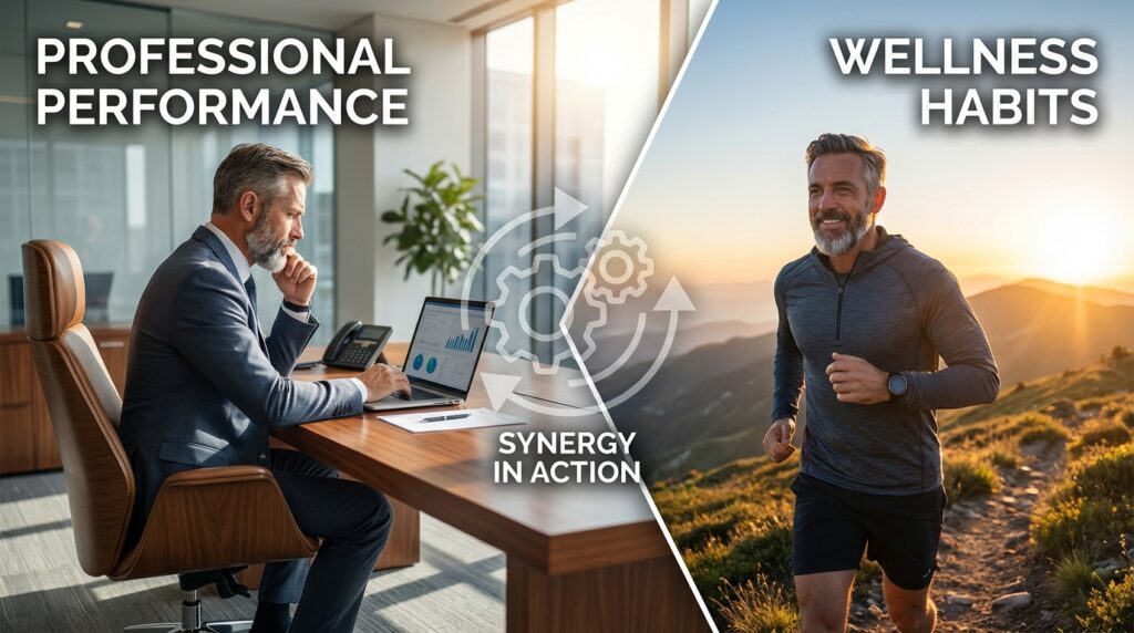 Man in his 40s showing work wellness synergy through split scene of professional work and fitness exercise