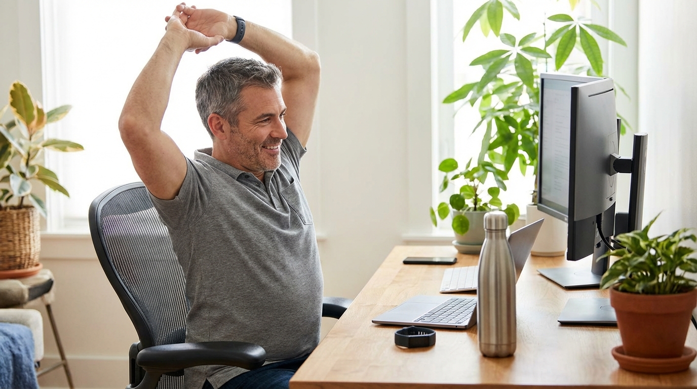 Man in his 40s showing work wellness synergy through split scene of professional work and fitness exercise