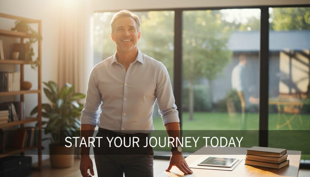 Confident man in his 40s looking forward with optimism representing financial independence and future wealth building