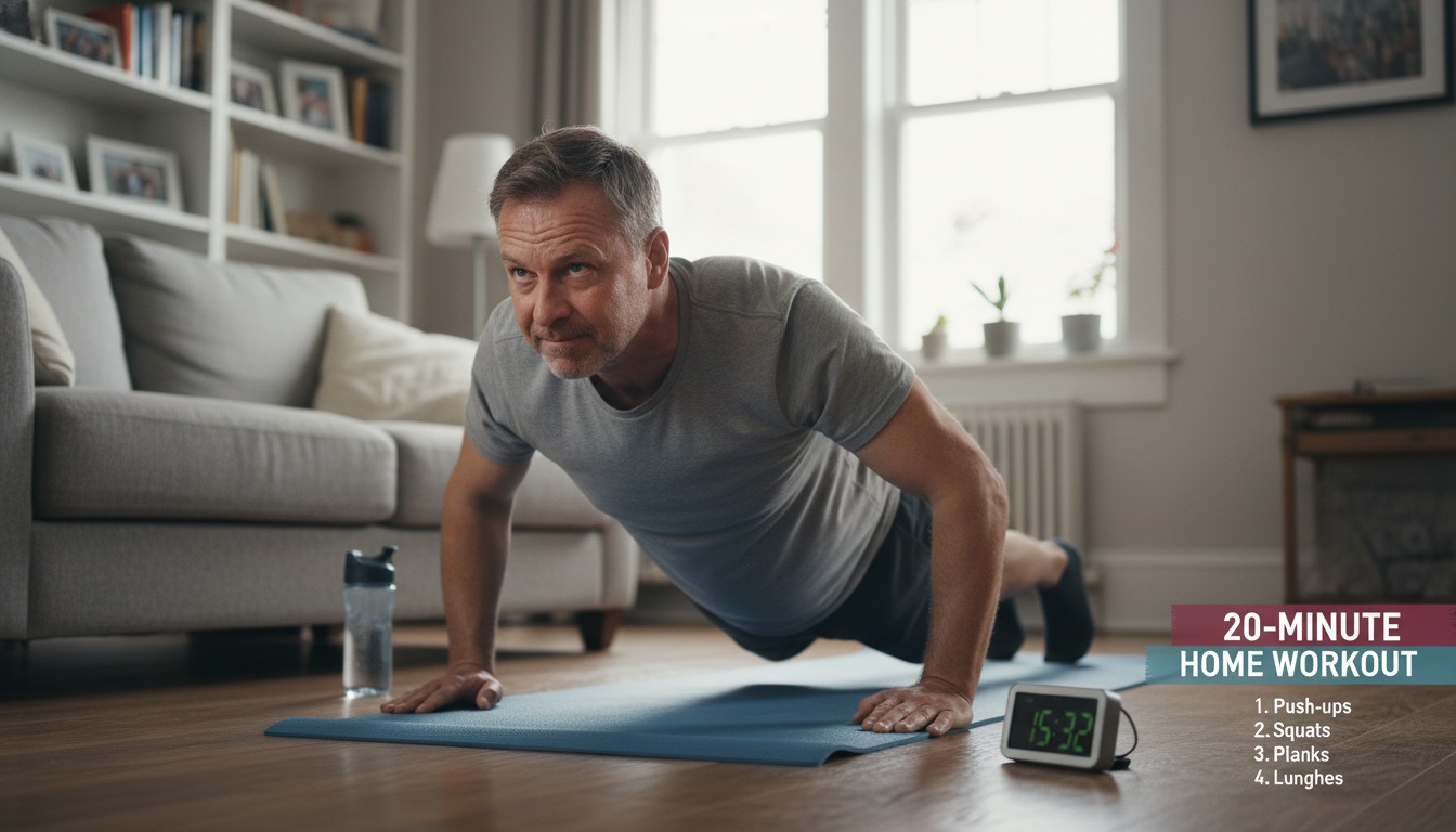 Man in his 40s doing push-ups at home demonstrating bodyweight exercises for a 20-minute home workout routine