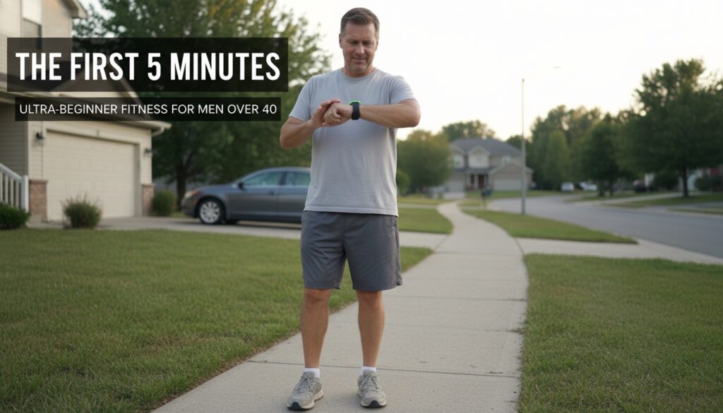 Man over 40 starting 5-minute walking routine from home checking watch - ultra-beginner fitness for men who haven't exercised in years