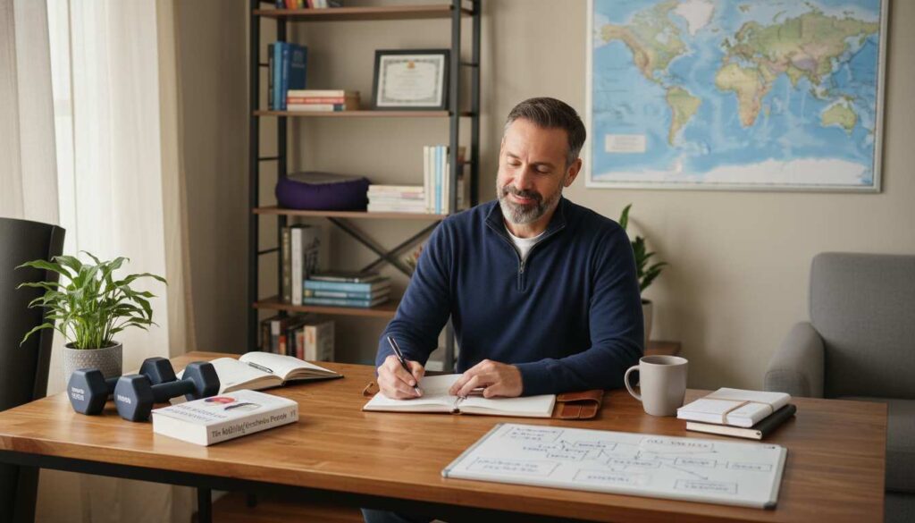 Professional man in his 40s in organized home office with The 7 Habits book, planning materials, and elements representing physical wellness, mental resilience, and financial independence