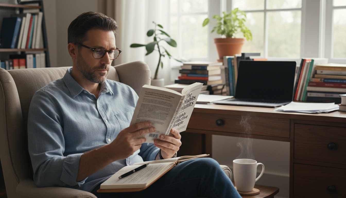 Professional man in his 40s reading The 7 Habits of Highly Effective People book in home office setting with notebook and coffee