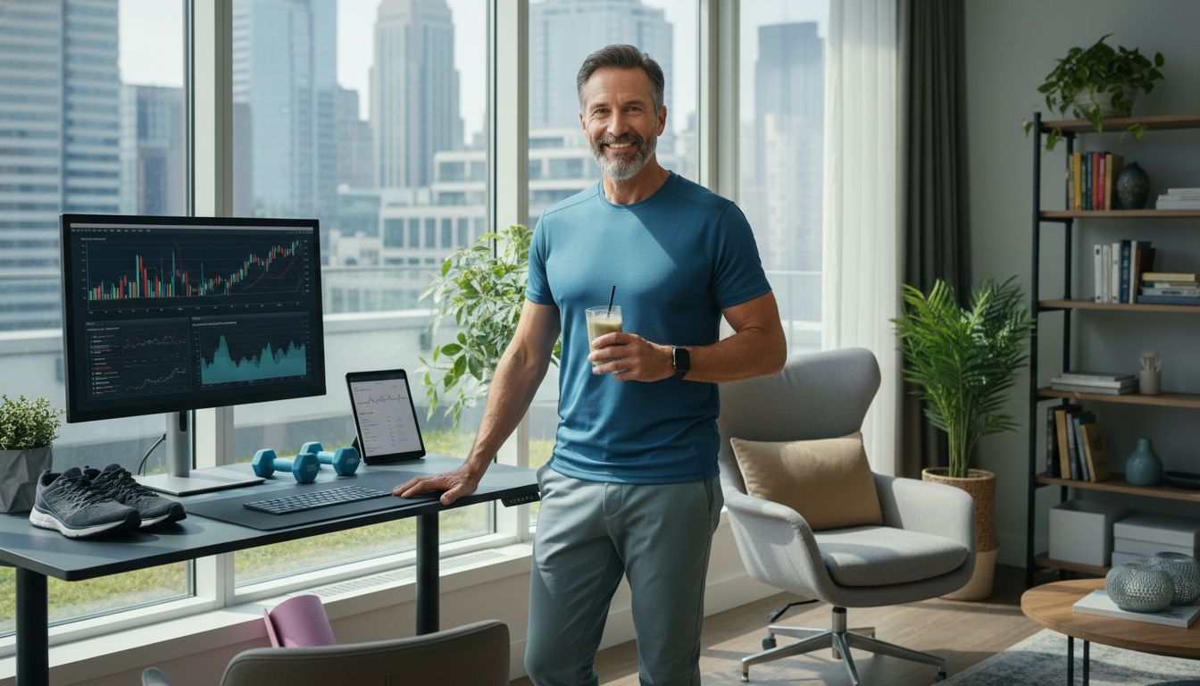 Professional man over 40 showcasing integrated approach to physical fitness, mental wellness, and financial success in modern lifestyle setting