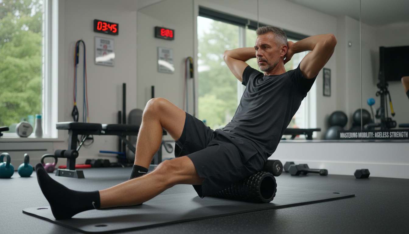 Man in his 40s stretching and using foam roller in home gym setting demonstrating advanced recovery techniques for mature athletes