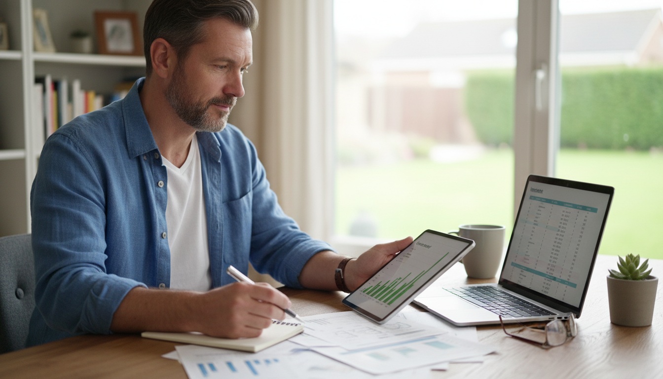 Professional man in his 40s reviewing financial documents and investment charts at home office desk, representing advanced wealth building strategies for middle-aged men