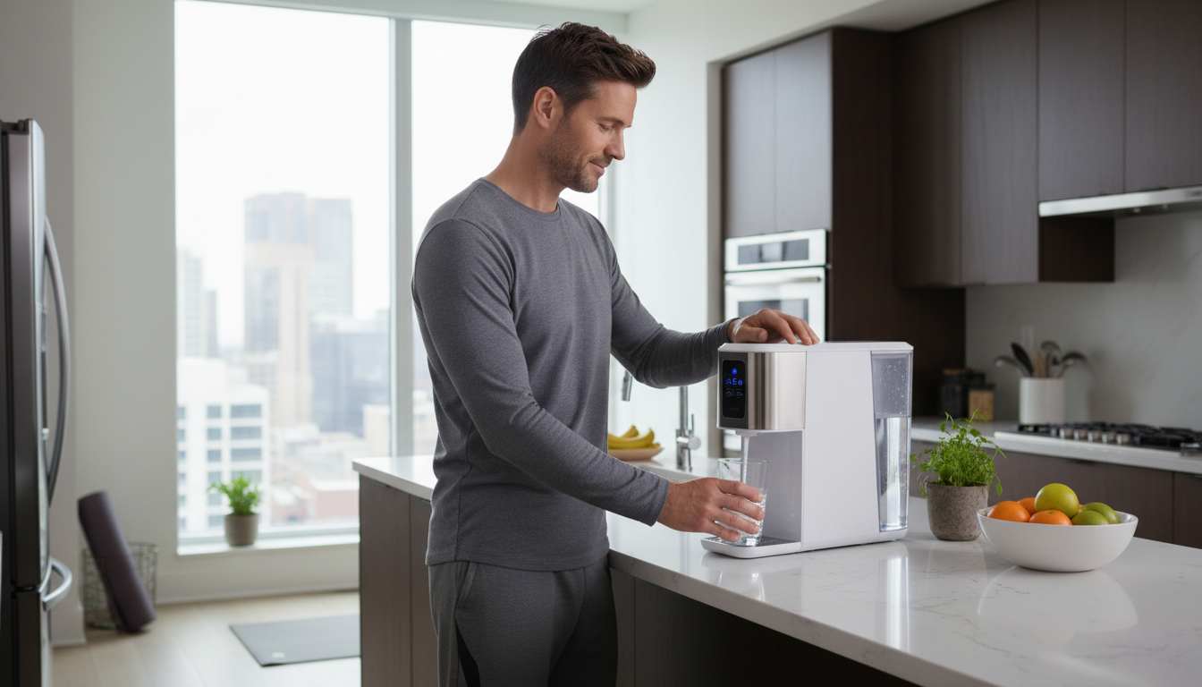 Man in his 40s using Aquasana Clean Water Machine countertop water filter in modern kitchen for healthy hydration and wellness