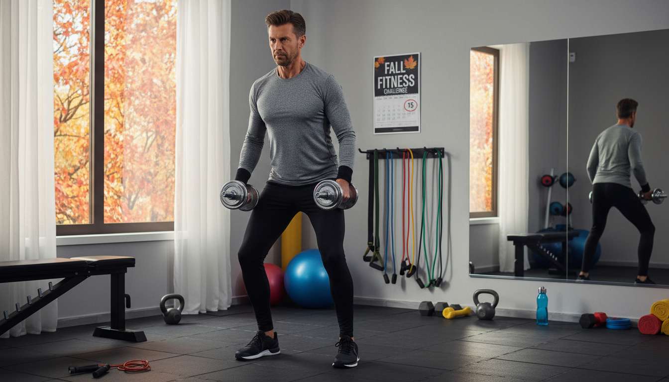 Man in his 40s preparing for fall fitness workout in home gym with dumbbells and resistance bands during August body reset