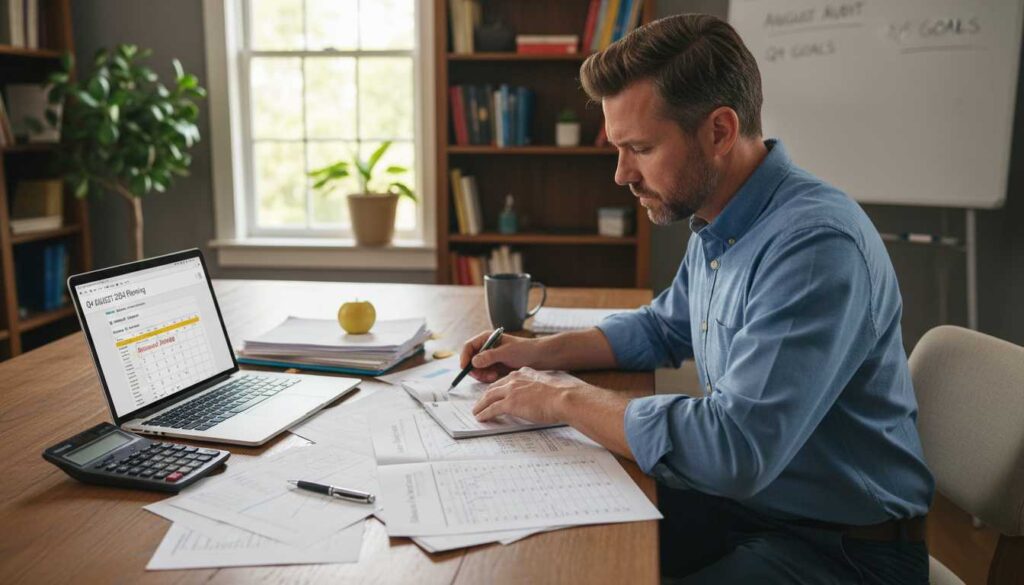 Confident man in his 40s at organized home office desk with completed financial audit documents and Q4 planning materials showing financial success and control