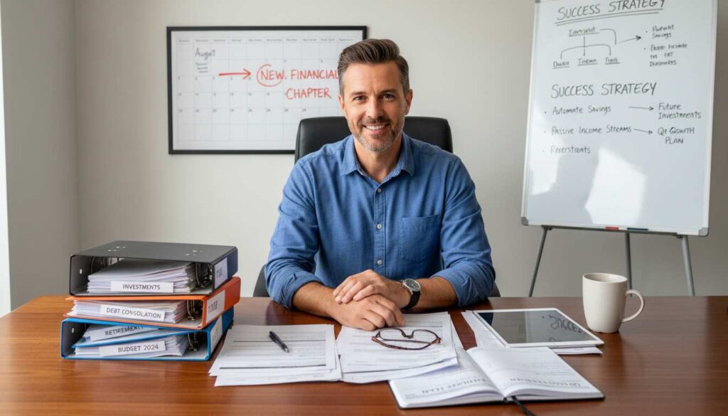 Confident man in his 40s with organized financial documents, calendar showing August to September transition, and success planning materials, representing complete financial transformation