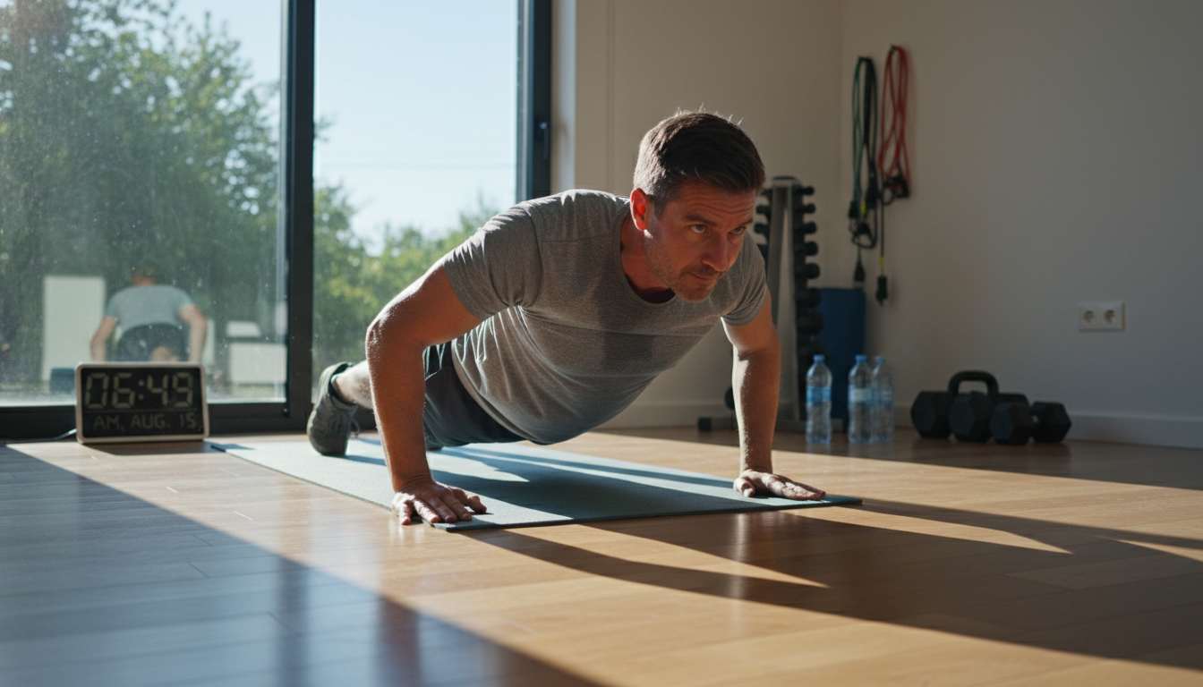 Man in his 40s doing push-ups at home during August morning workout to break fitness plateau