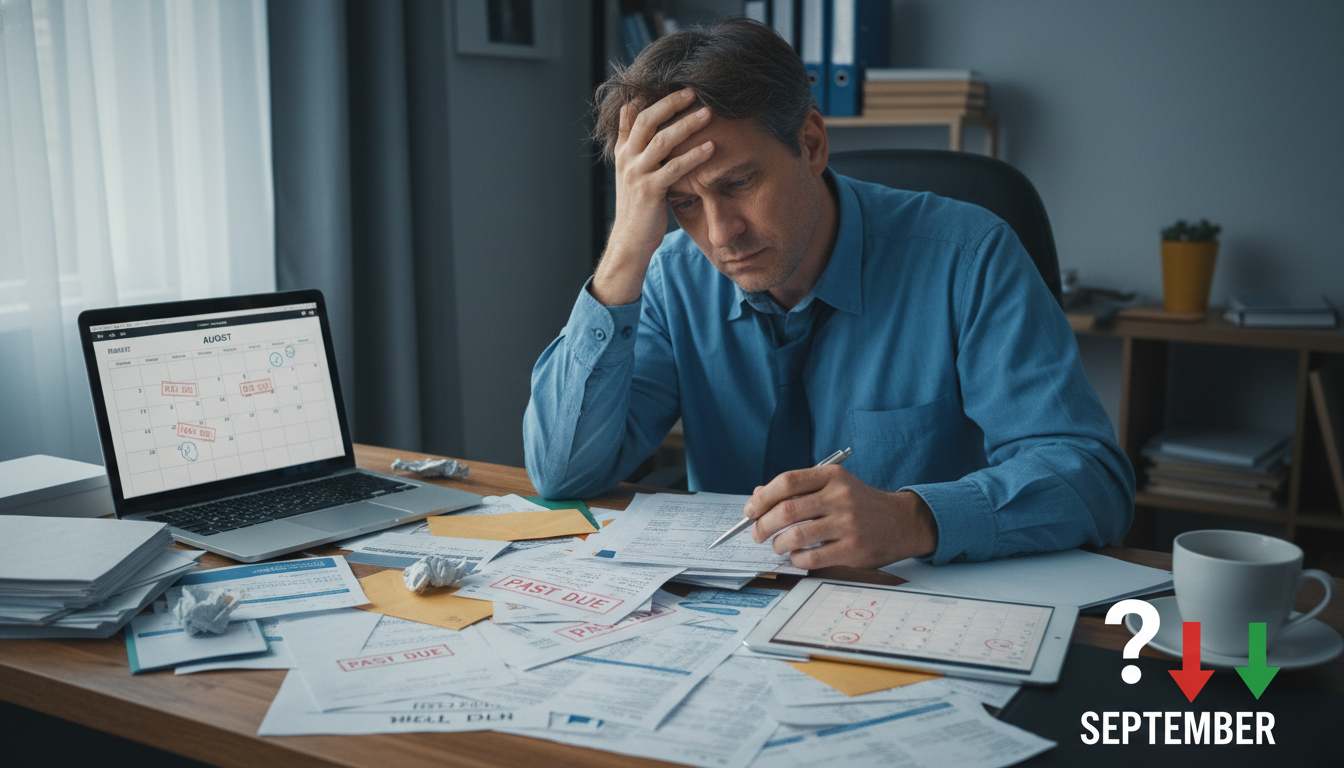 Man in his 40s looking stressed while reviewing financial documents and bills at home office desk, representing August money mistakes that affect September financial success