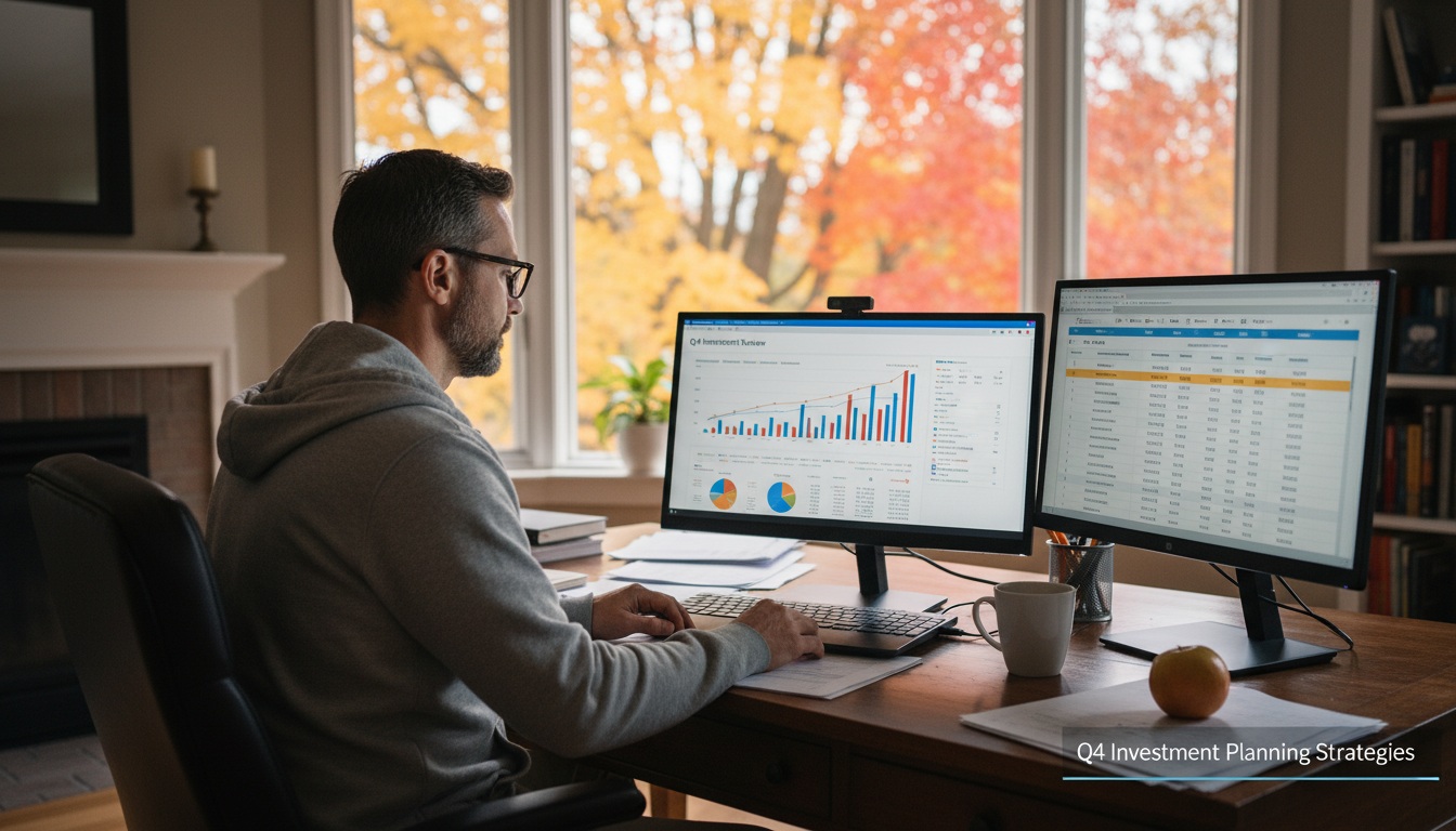 Man in his 40s reviewing investment portfolio and financial charts at home office desk with autumn leaves visible through window, representing Q4 investment planning strategies